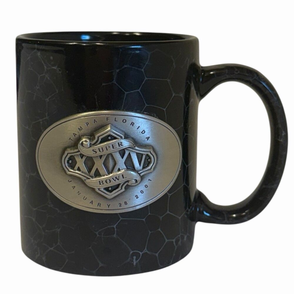 Coffee Mug Super Bowl XXXV 12oz Black Crackle Ravens NFL 2001 Tampa Florida
